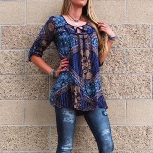 Roxy Navy Blue Peasant Style Patterned Tunic Top